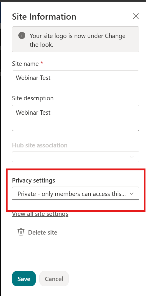 Screenshot of a SharePoint site's "site permissions" tab with the privacy option highlighted.