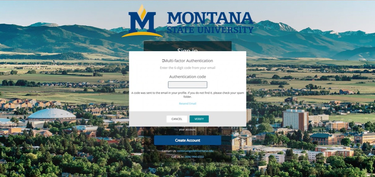 Login screen requesting the authentication code sent to the learner's email address