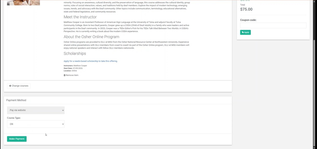 Cart page showing OLLI selected as the course type before continuing to payment
