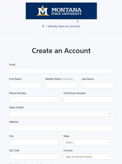 Account creation form with fields for email, name, phone numbers, birth date, address, and OLLI interest selection