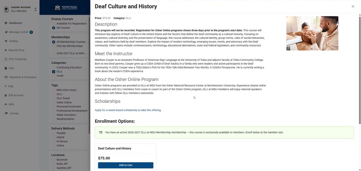 Program page showing a green Yes flag confirming the learner has a current OLLI membership