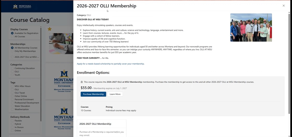 OLLI catalog page showing the membership offering and the Purchase Membership button