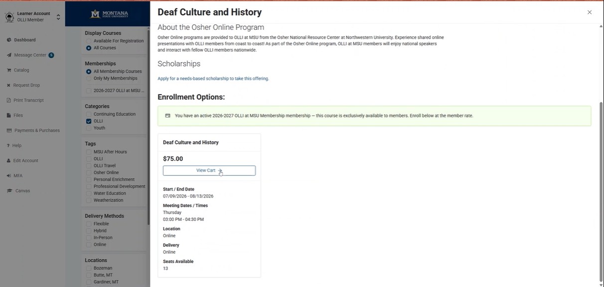 Program page showing the selected offering added to the shopping cart