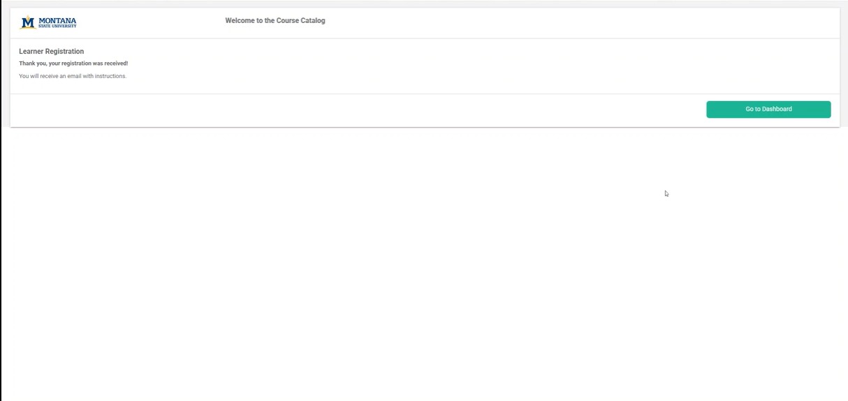 Registration confirmation page showing the learner successfully enrolled in the selected program