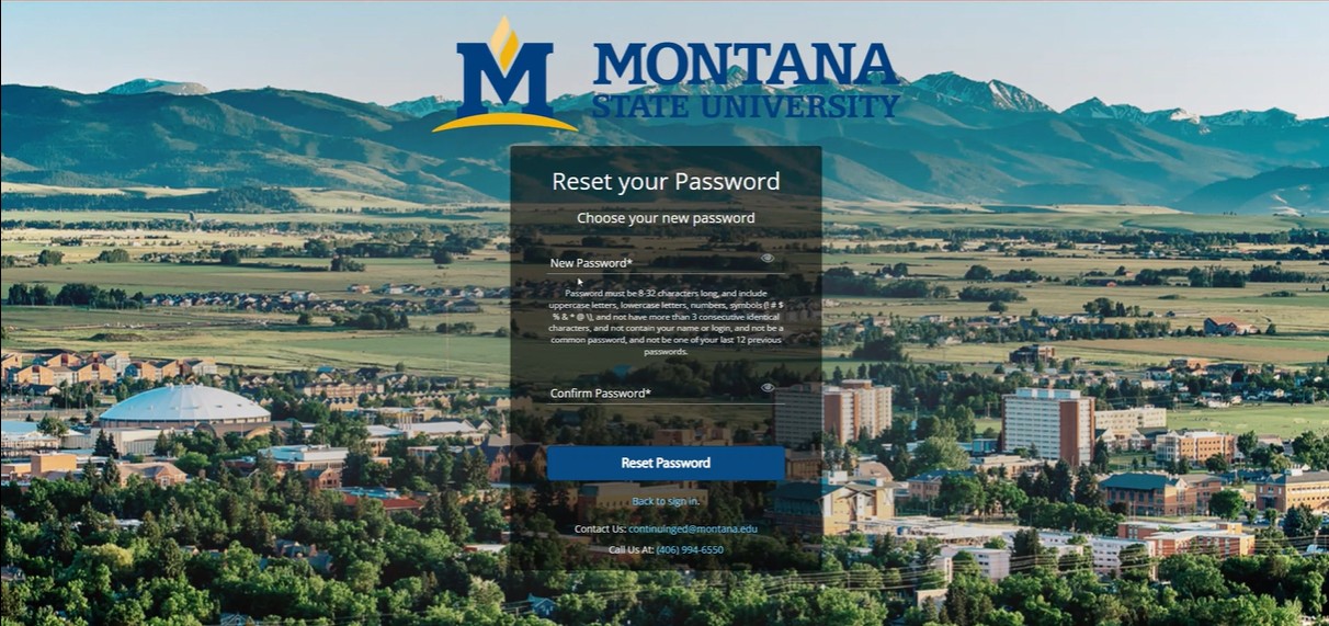 Reset password page with fields to enter and confirm a new password