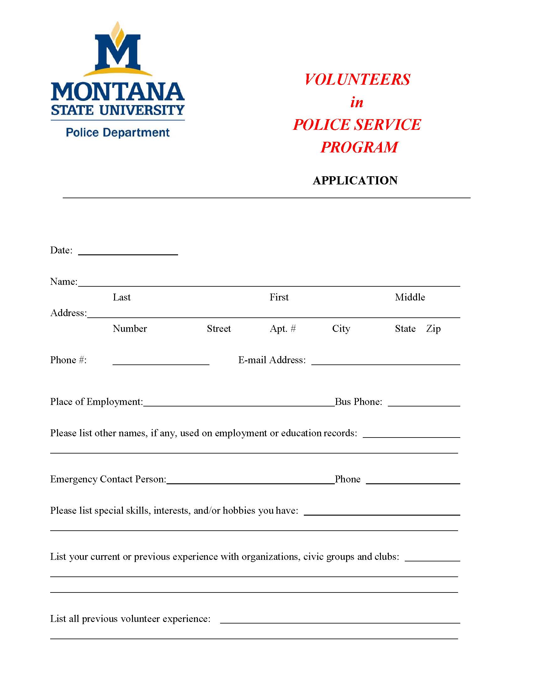 Volunteer Application Page 1