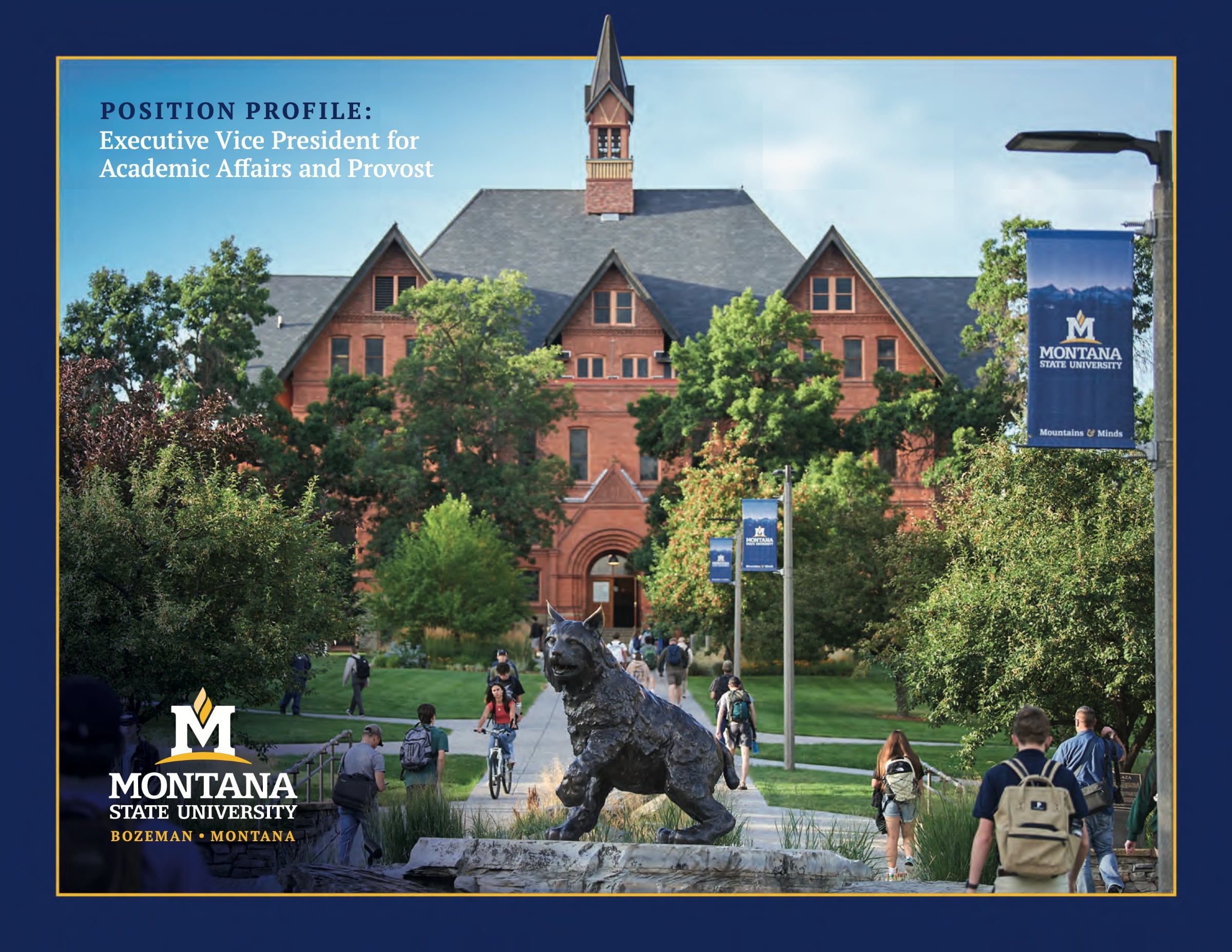 Cover of Montana State University’s “Position Profile: Executive Vice President for Academic Affairs and Provost,” featuring students walking and biking near the bronze bobcat statue, with Montana Hall in the background and the university logo labeled “Bozeman, Montana.”