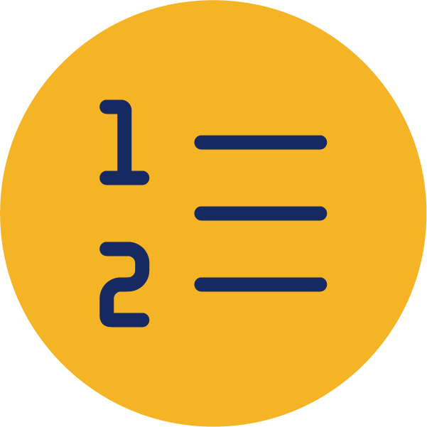 A blue icon of a one and a two with lines next to them, on a yellow circle
