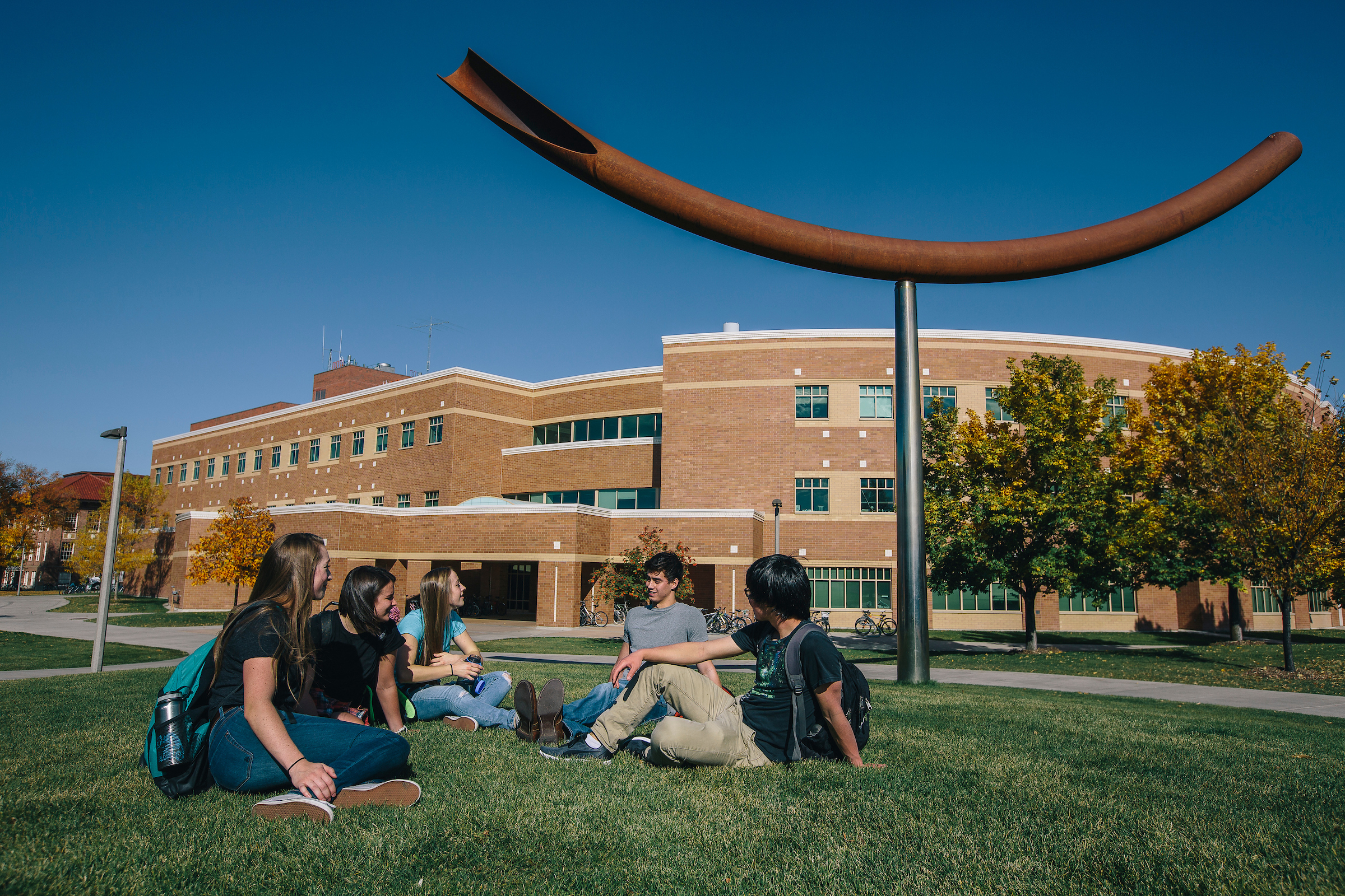 Students on the grass near The Noodle sculpture