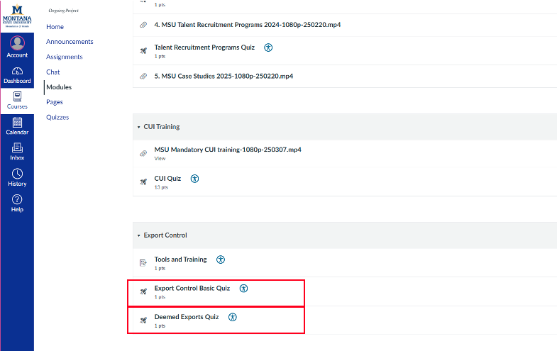screen shot showing location of export control quizzes
