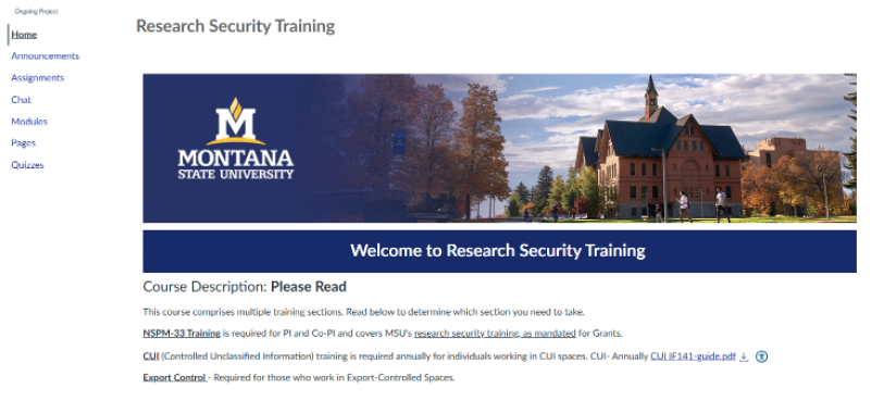 screen shot of research security canvas page