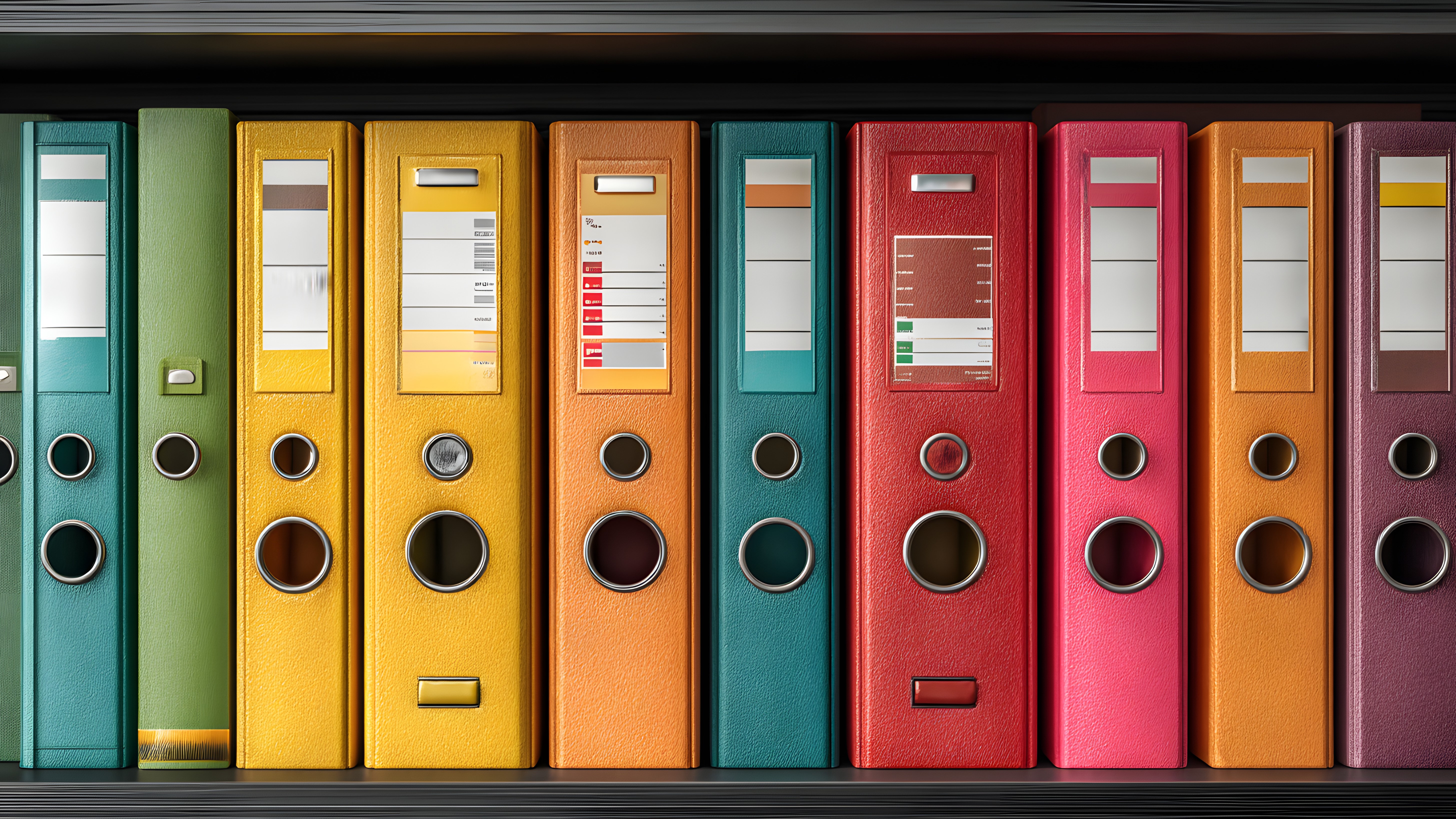 colorful binders on shelf