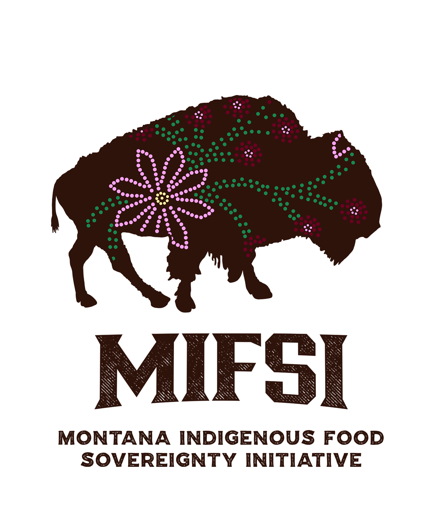 MIFSI Logo A logo of a bison with stylized flowers, with the words 'Montana Indigenous Food Sovereignty Initiative' below