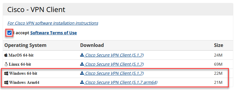 Software download page options for VPN client