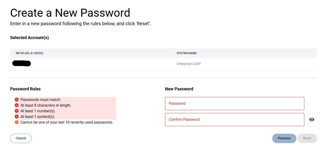 new password creation screen with rules