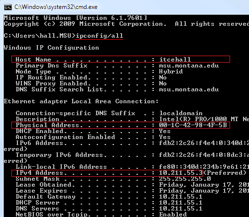 Click for full-sized image. Screenshot of the Command Prompt and the results of command ipconfig/all