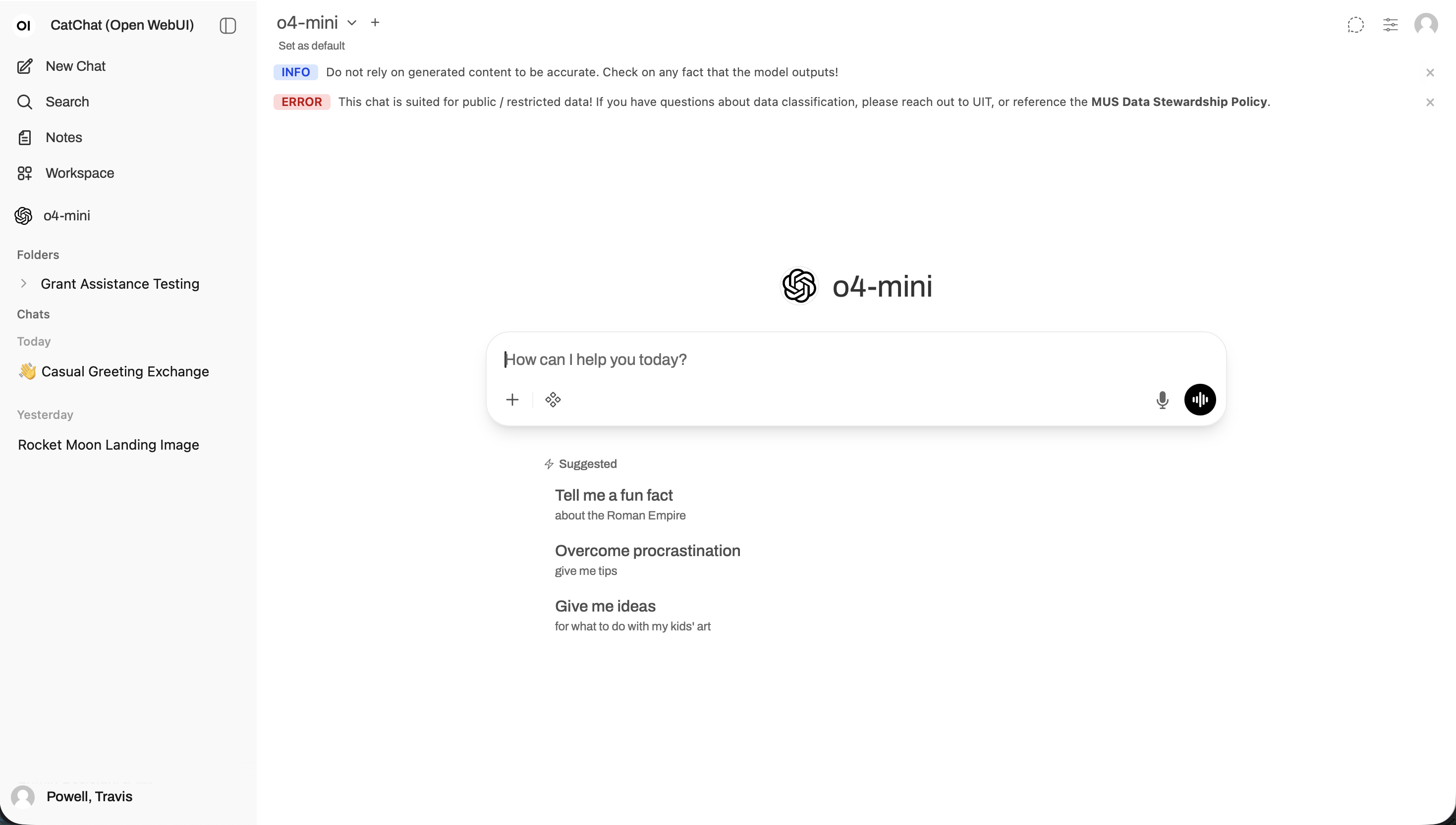 Catchat homepage with o4-mini presenting