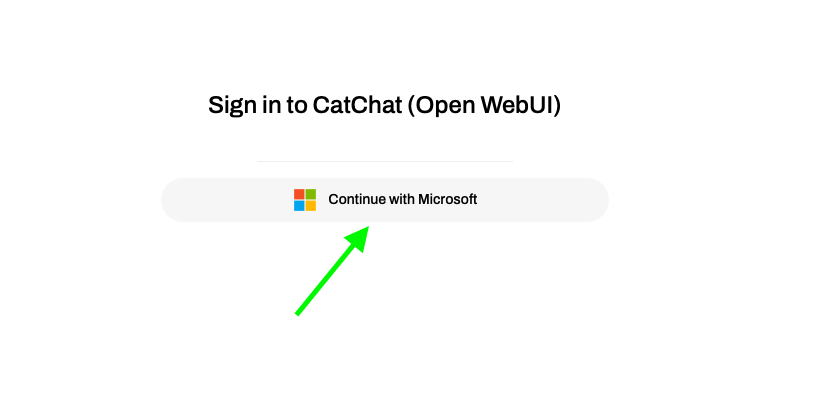 CatChat Login Page with a green arrow pointing at 'Continue with Microsoft'