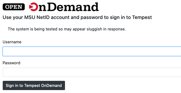 Tempest web login page