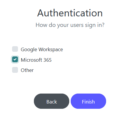 A white background with "Authentication" in big black letters at the top. Three check boxes are listed with corresponding options for how you want to sign in to Read and Write Gold: Google Workplace, Microsoft 365, or Other. The Microsoft 365 option has been checked. "Back" and "Finish" buttons are at the bottom.