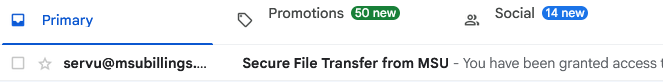 Screenshot of a Gmail inbox email preview that shows what it would look like if you received an email from Solarwinds about a file share. The sender email is listed as servu@msubillings.edu, the subject is "Secure File Transfer from MSU", and the preview says "You have been granted access to a secure document share...".