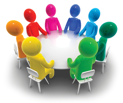 Digital clip art of a seminar table and students