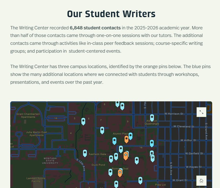 Screenshot from the 2025-2026 Annual Report, showing an interactive map of student contacts across campus.