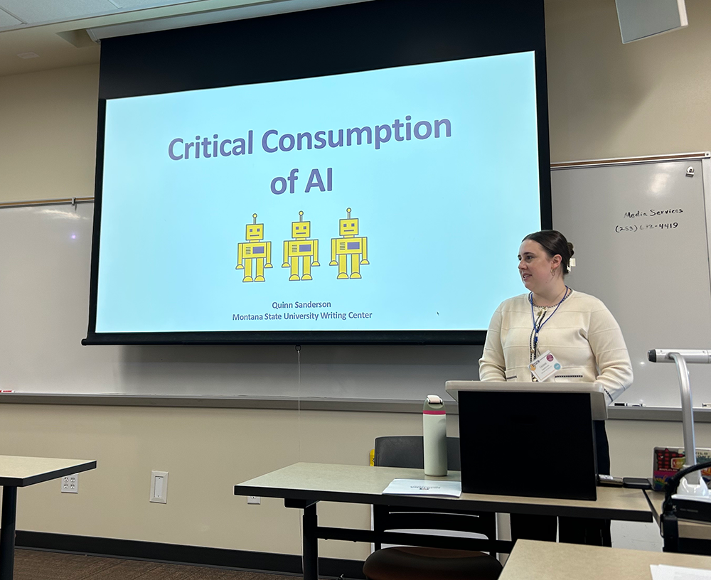 Student doing a presentation next to a screen